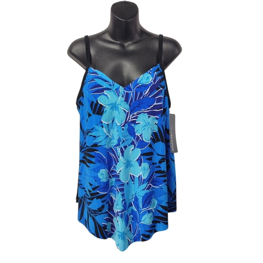 Trimshaper Blue Floral Tankini Top Size 12 NWT Tummy Control Swimsuit NWT